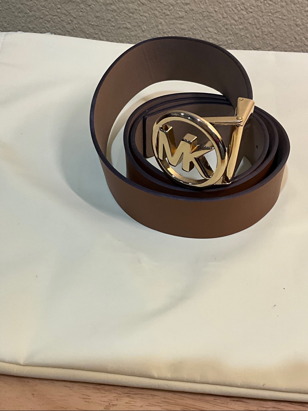 Michael Kors Brown Leather Belt with Gold MK Logo Buckle